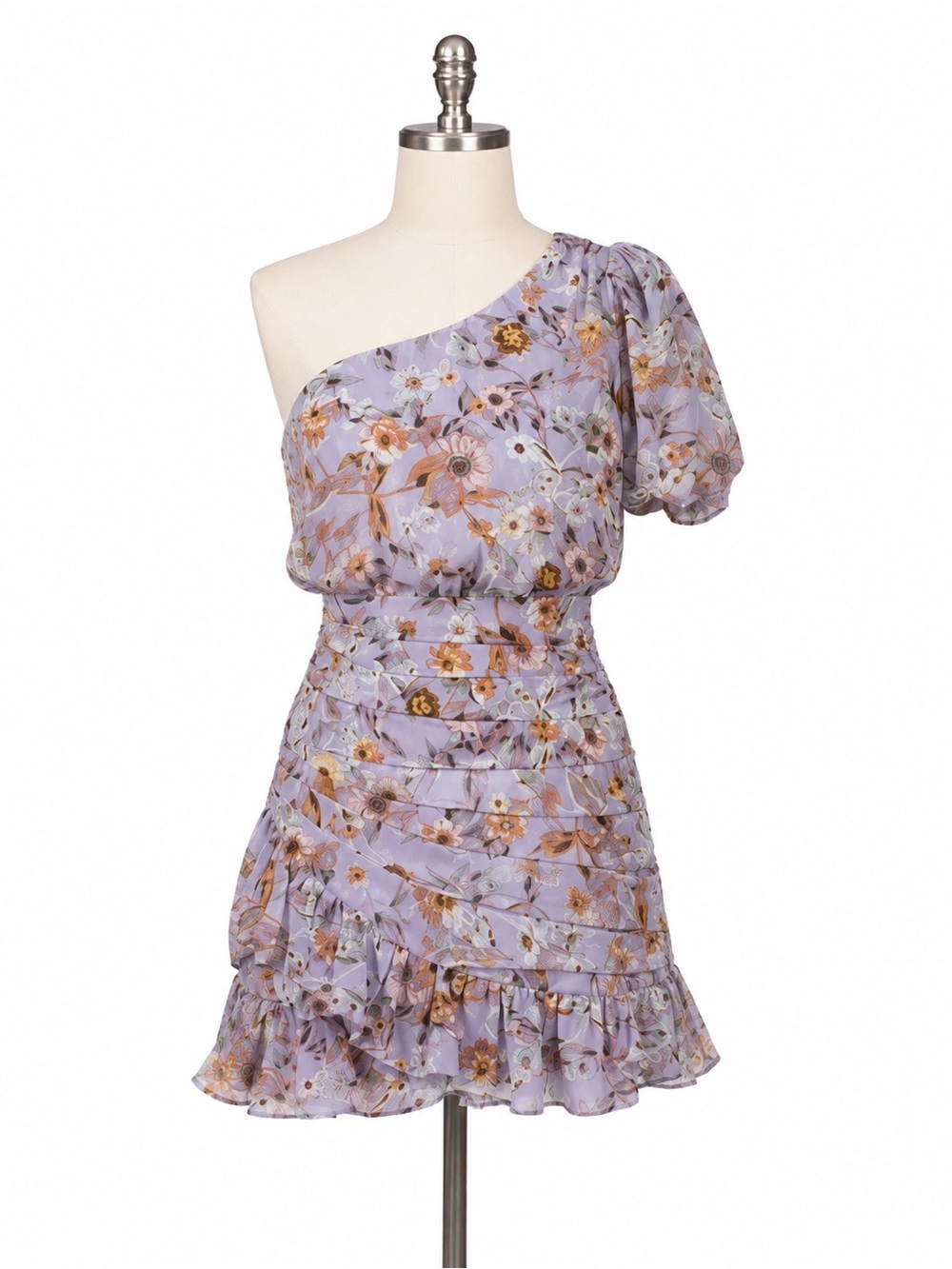 ASTR The Label One Shoulder Floral Mini Dress XS Lilac Ruched - Picture 3 of 8